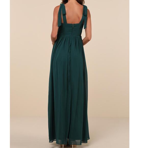 Lulus NWOT Radiant Charisma Emerald Chiffon Ruched Tie-Strap Maxi Dress Medium - Picture 6 of 10
